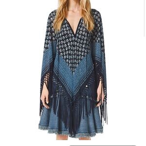MICHAEL Michael Kors Floral Print Fringe Boho Poncho Cape Cover Up blue